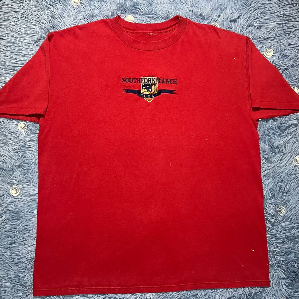 VINTAGE Ranch Shirt Size XL Mens Red Southfork Texas Retro 90s